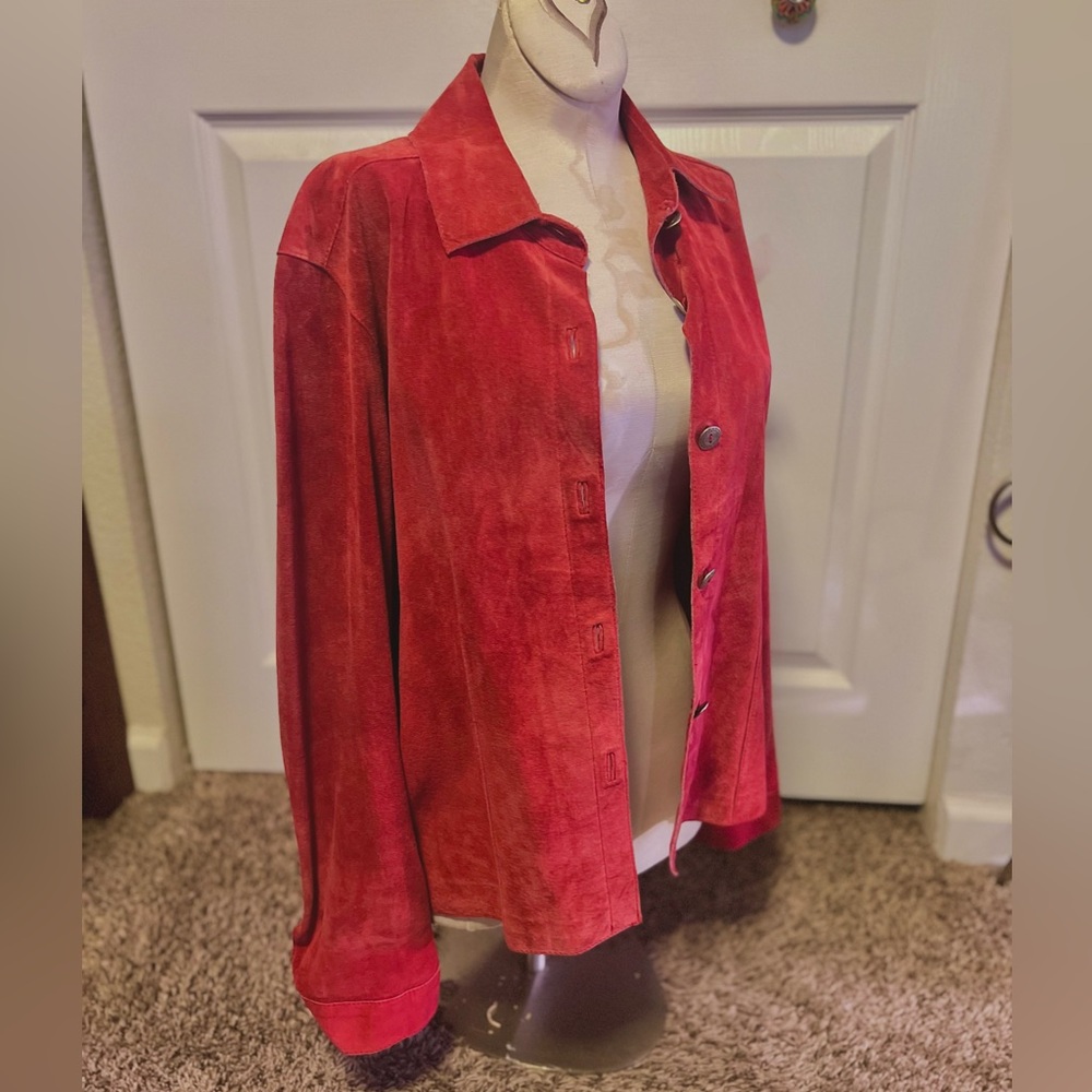 Vintage 100% Leather Chicos Women's Red Sueded Button Front Jacket western warm